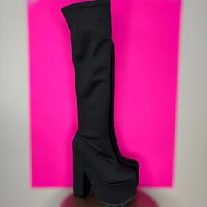 YRU Labyrinth Black Chunky High Heel Tight Thigh High Boot Sz 6